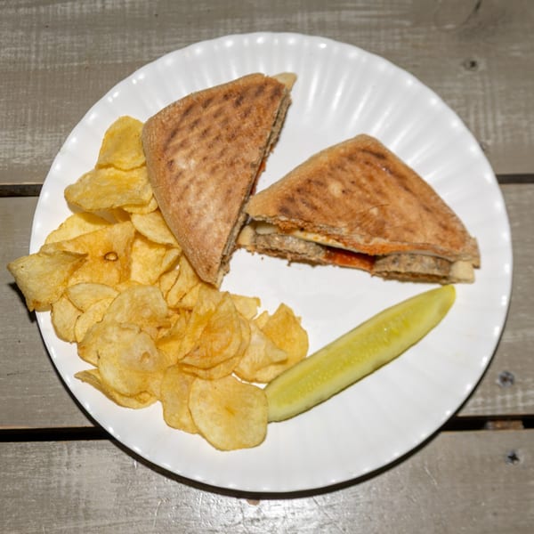 Grilled panini sandwich cut in half, served with potato chips and a pickle spear on a white plate.