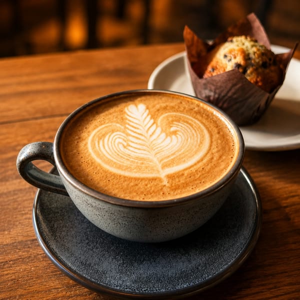 A latte with intricate foam art and a chocolate chip muffin on a wooden table.