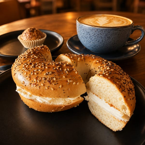 Everything bagel with cream cheese, a muffin, and a latte with latte art on a wooden table.