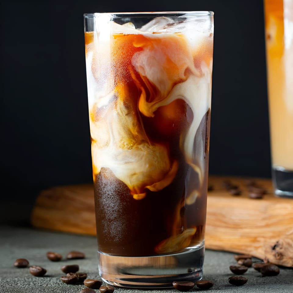 Iced coffee with cream swirling into dark coffee, surrounded by coffee beans on a dark surface.